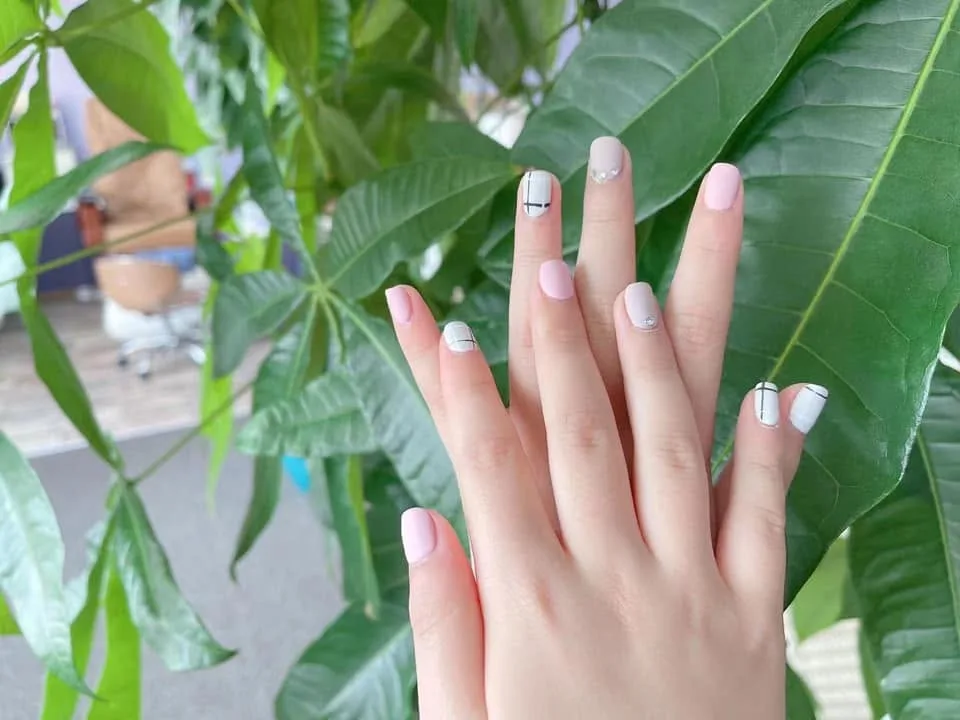 A hand with short squoval nails in pale pink and milky white, two of them finished with thin black lines, held up beside the plant in the salon window